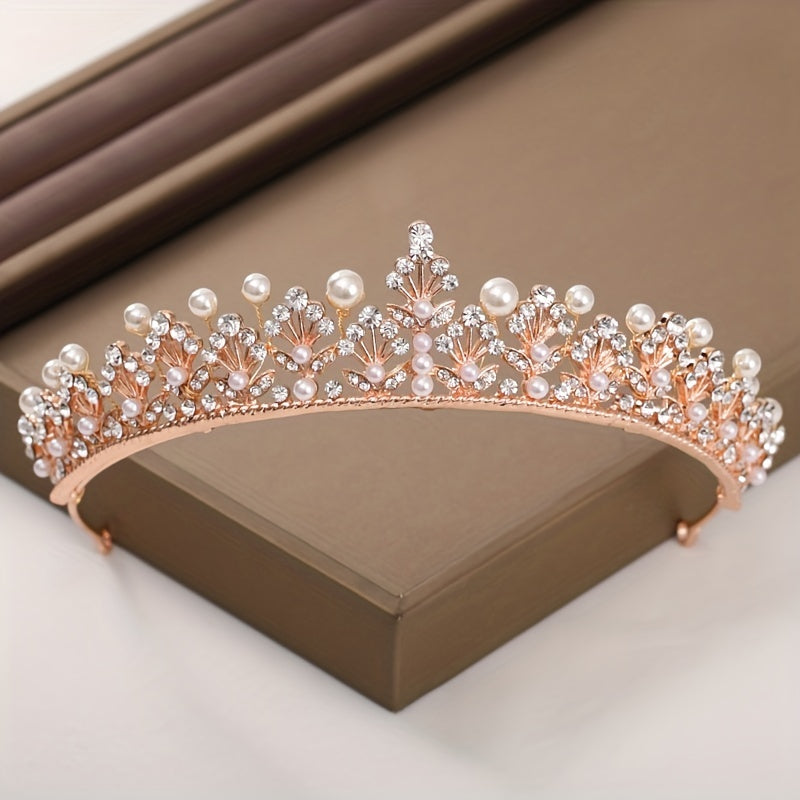 Golden Rhinestone Faux Pearl Wedding Crown Headband Bridal Tiara