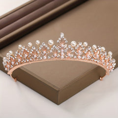 Golden Rhinestone Faux Pearl Wedding Crown Headband Bridal Tiara