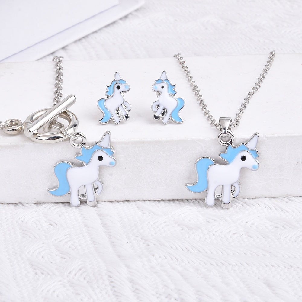 Unicorn Pendant Necklace & Earrings & Bracelet Set - Gift for Girls