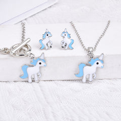 Unicorn Pendant Necklace & Earrings & Bracelet Set - Gift for Girls