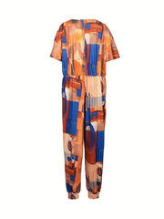 Women's Plus Patchwork Print Short Sleeve V Neck Jumpsuit