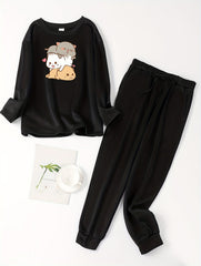 Cat Print Fleece Tee & Jogger Pants Pajama Set