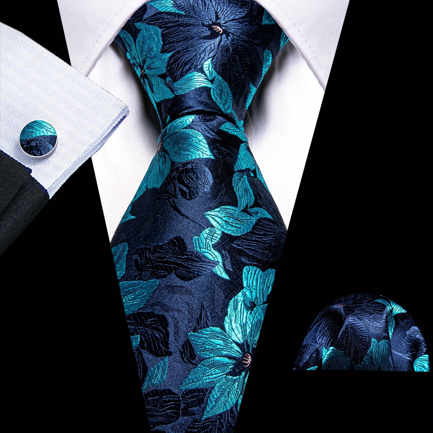 Barry Wang Vintage Men's Tie Set Silver Floral Jacquard Party