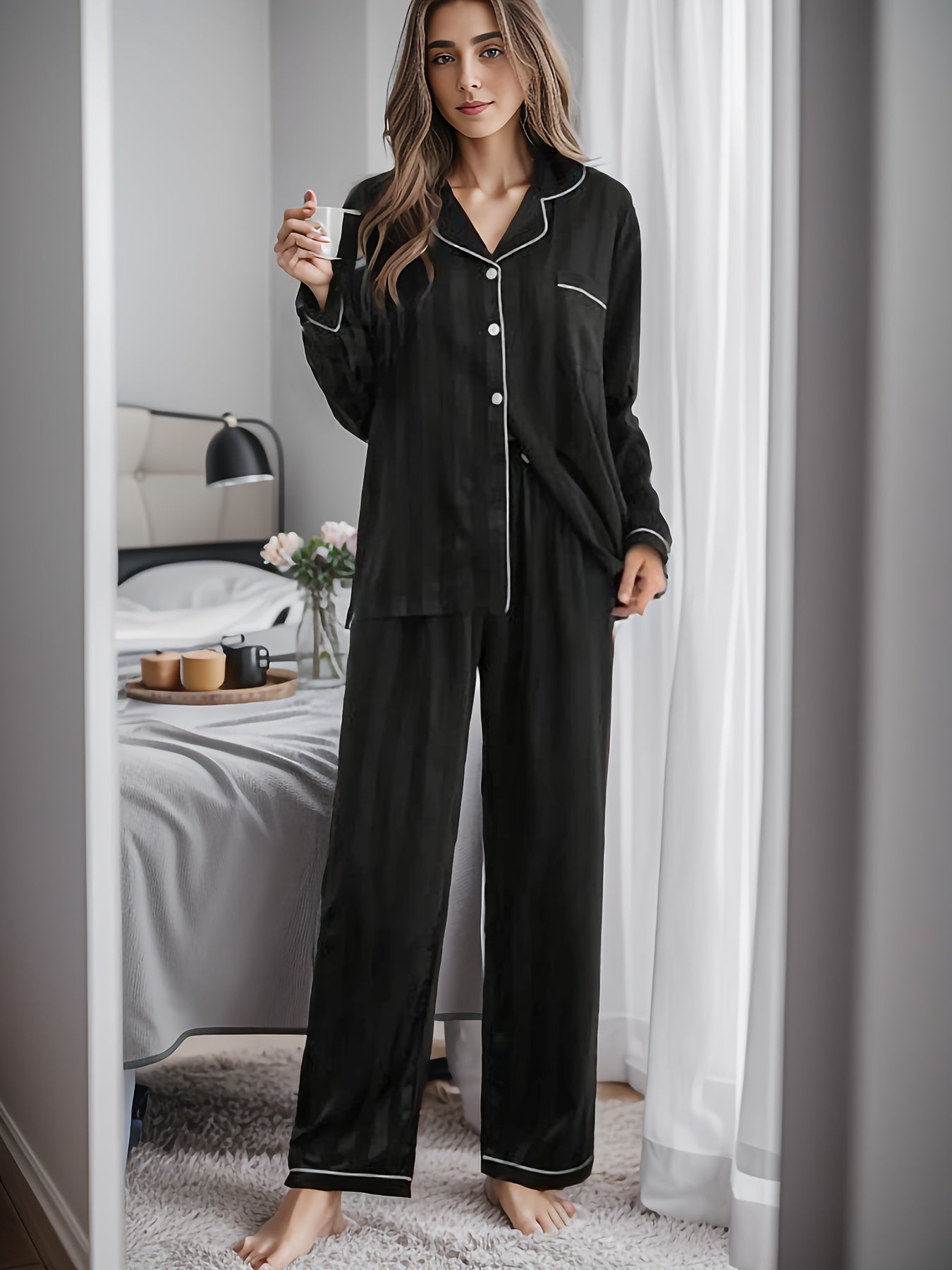 Jacquard Satin Pajama Set Long Sleeve Button Top Lounge Pants Women's Sleepwear