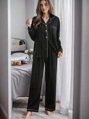 Jacquard Satin Pajama Set Long Sleeve Button Top Lounge Pants Women's Sleepwear