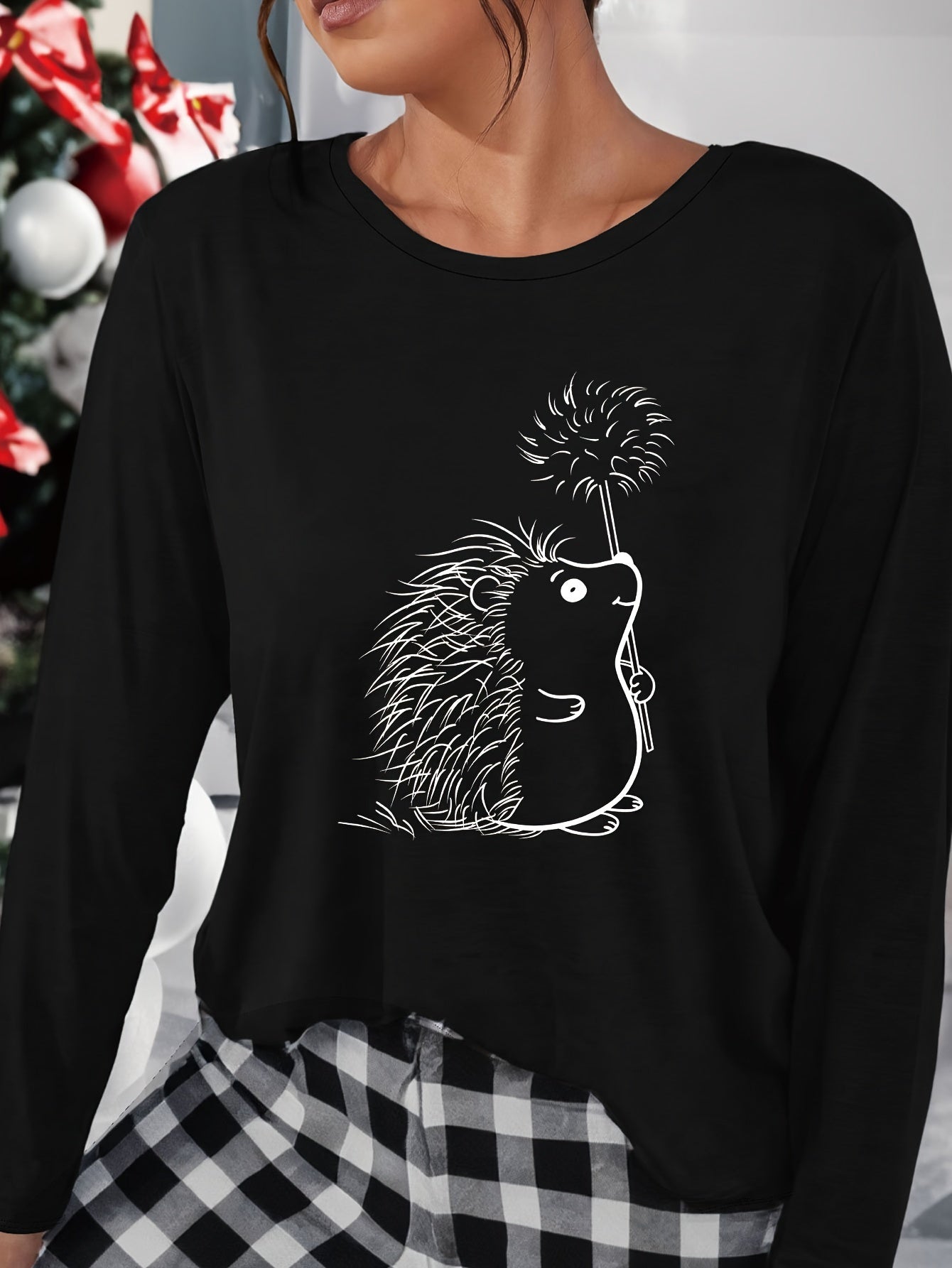Hedgehog Print Lounge Top Long Sleeve Crew Neck Women's Sleepwear
