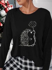 Hedgehog Print Lounge Top Long Sleeve Crew Neck Women's Sleepwear
