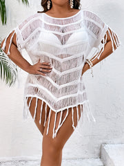 Sexy Cover Up Women's Plus Knit Tassel Trim Cut Out Short Sleeve