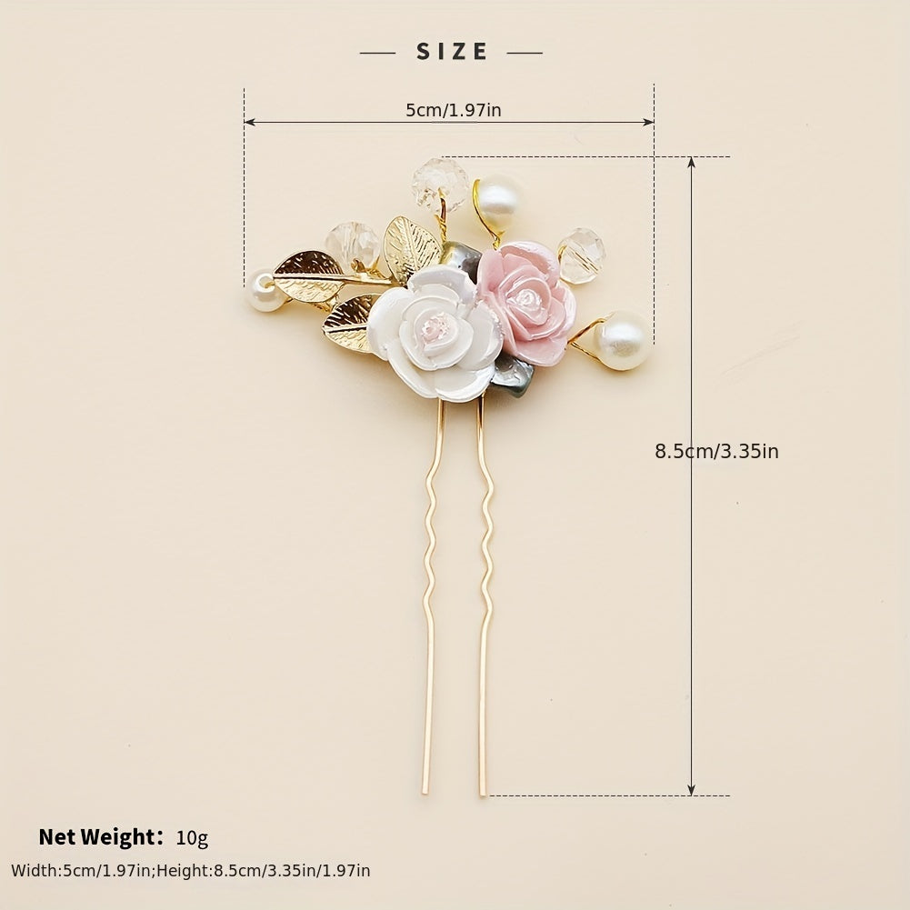 Ceramic Rose Faux Pearl Hairpin Golden Bridal Wedding Party Decor
