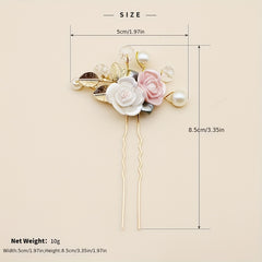 Ceramic Rose Faux Pearl Hairpin Golden Bridal Wedding Party Decor