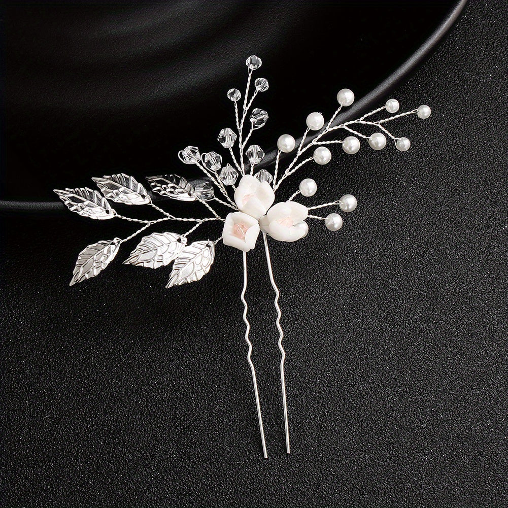 Faux Pearl Crystal Beads Bridal Hairpin Floral U Shaped Hair Sticks