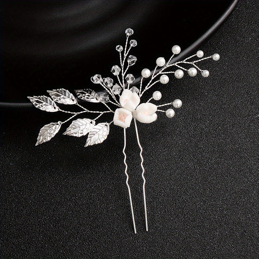 Faux Pearl Crystal Beads Bridal Hairpin Floral U Shaped Hair Sticks