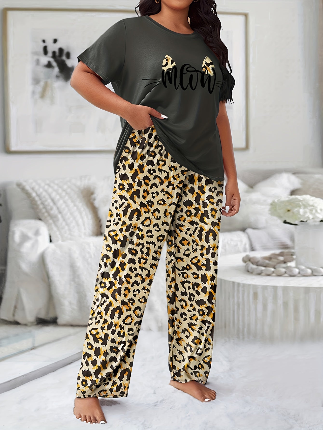 Leopard Cat Graphic Pajama Set Short Sleeve Tee & Wide Leg Pants