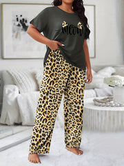 Leopard Cat Graphic Pajama Set Short Sleeve Tee & Wide Leg Pants
