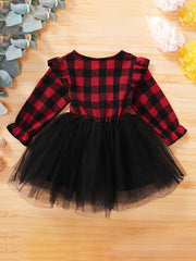 Girls Plaid Button Tulle Tutu Patchwork Princess Dress