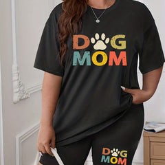 Women's Plus Size Dog Footprint & Letter Print Tee & Shorts Outfits 2pcs Set
