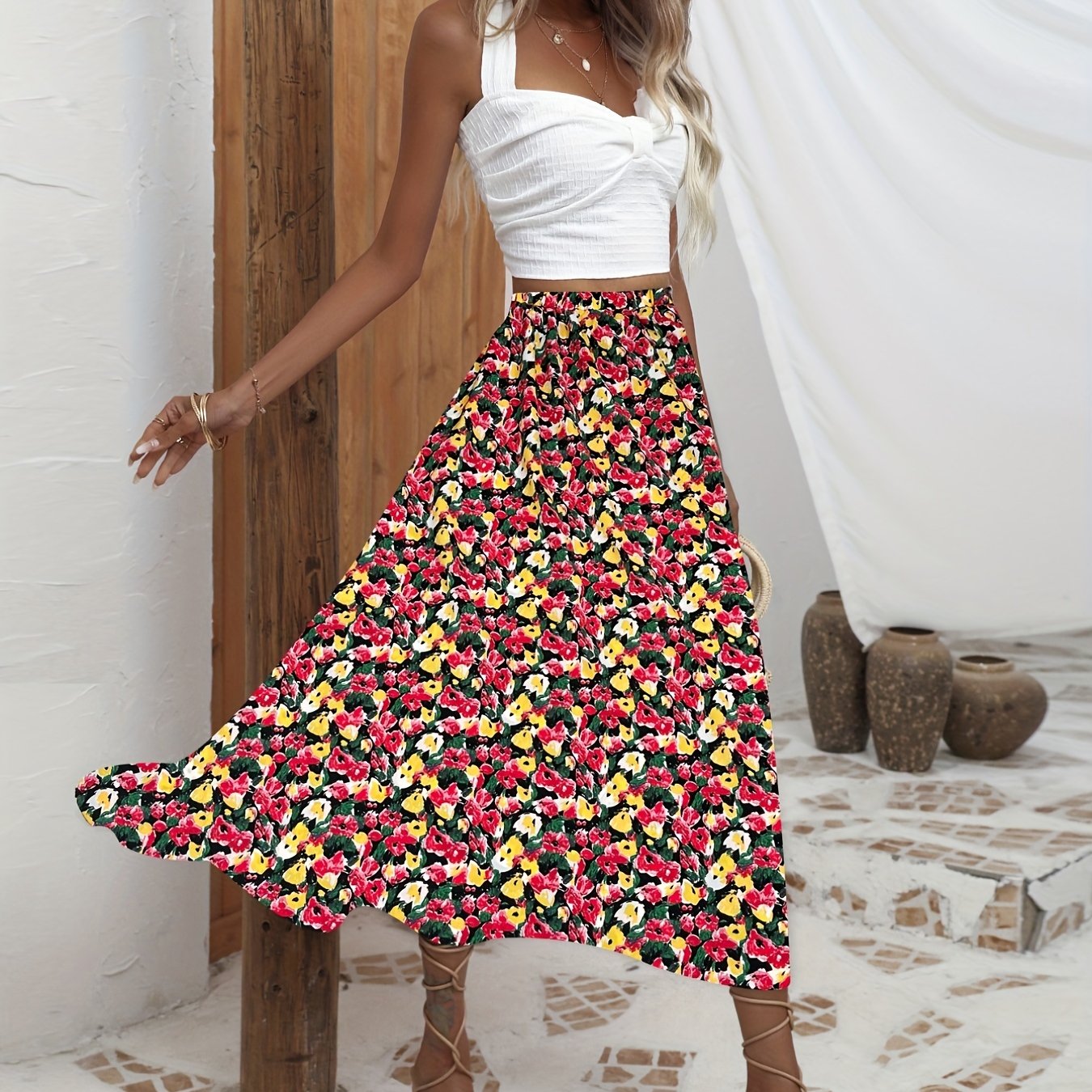 Boho Floral A Line Skirt High Waist Women's Clothing