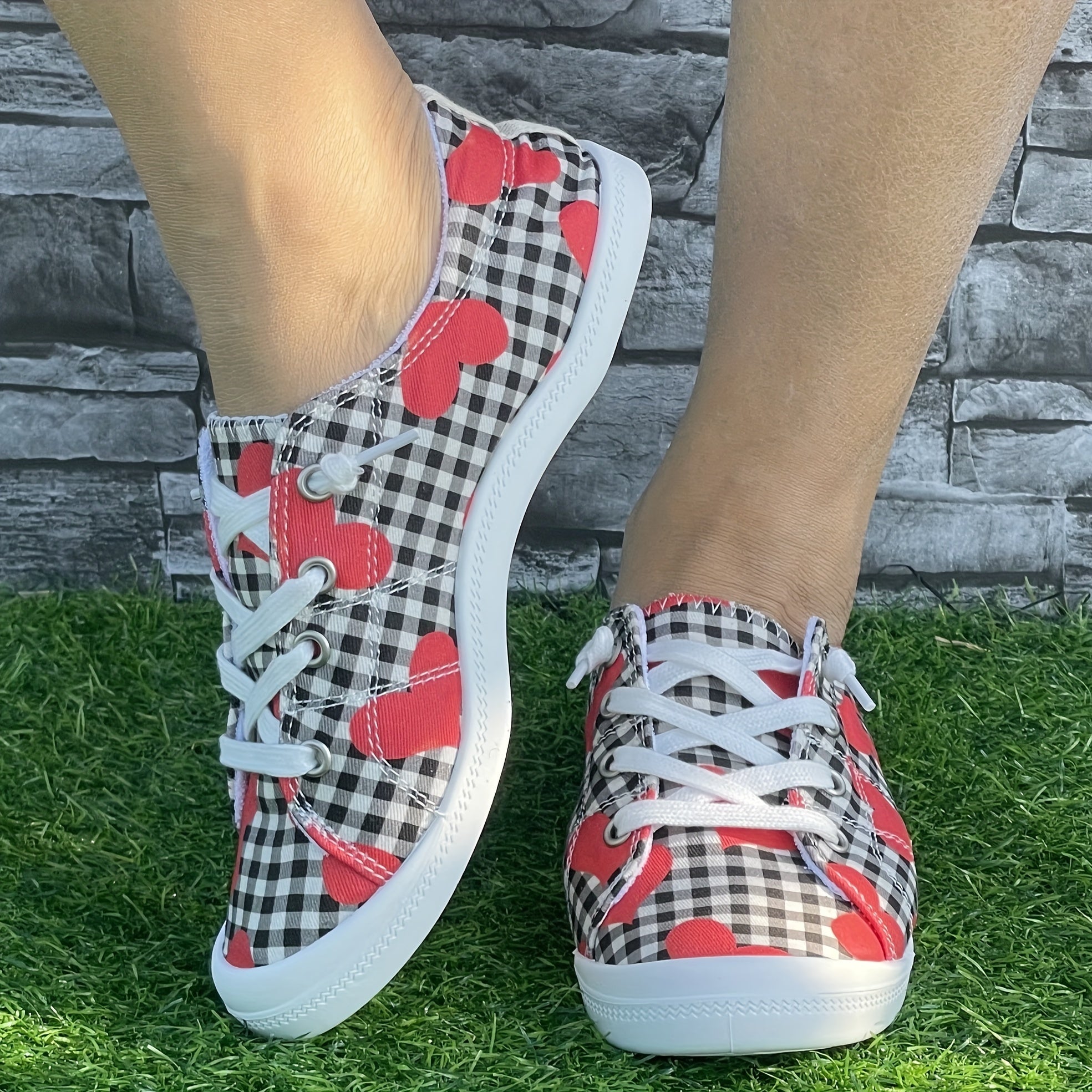 Heart & Checked Print Canvas Skate Shoes