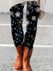 Glitter Snowflake Print High Rise Leggings