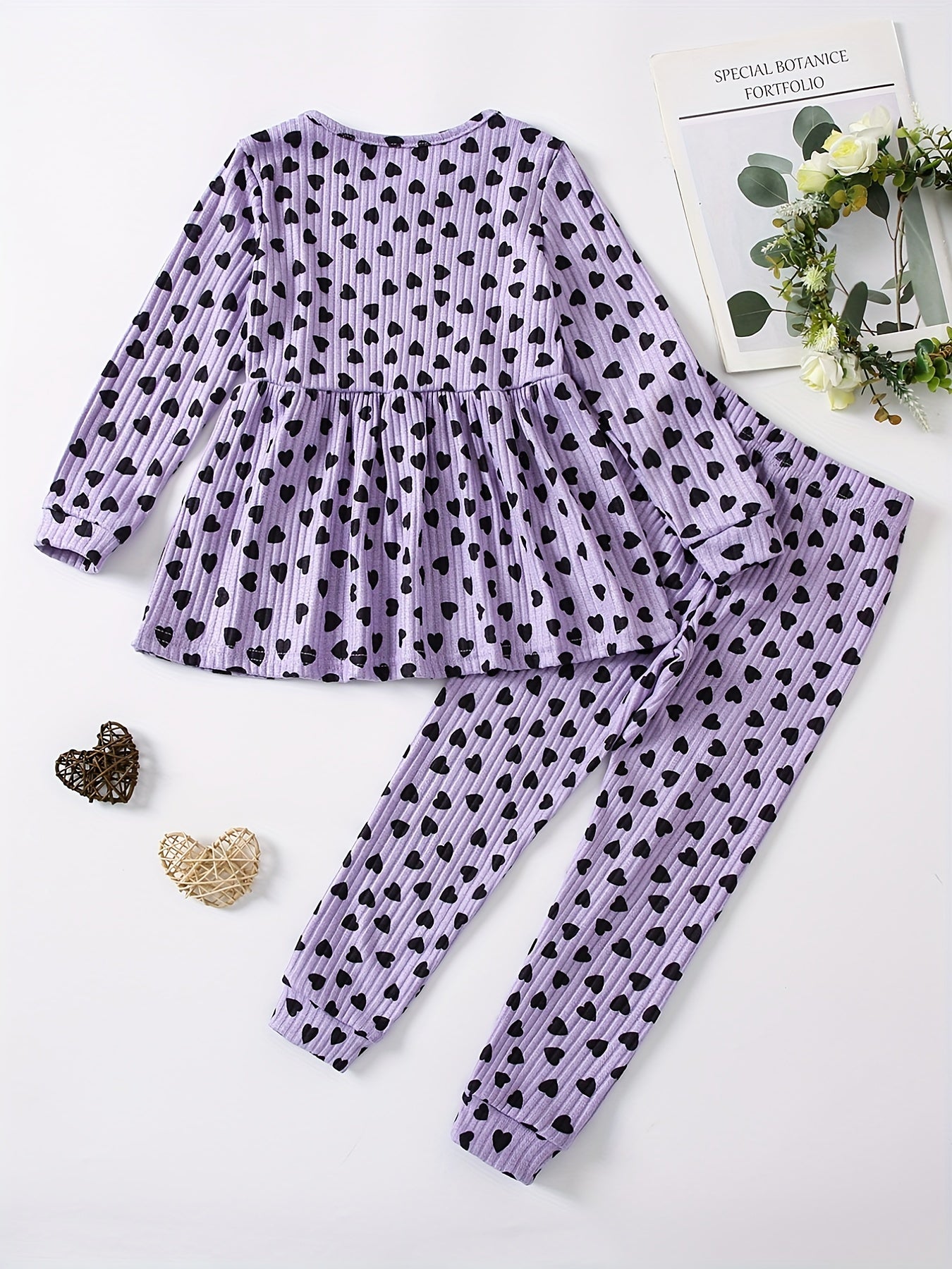 Girls' Love Heart Print 2pcs Long Sleeve Top & Pants Set