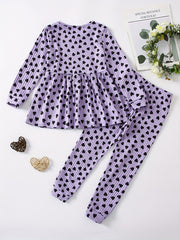 Girls' Love Heart Print 2pcs Long Sleeve Top & Pants Set