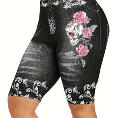 Skull & Flower Print High Waist Denim Shorts