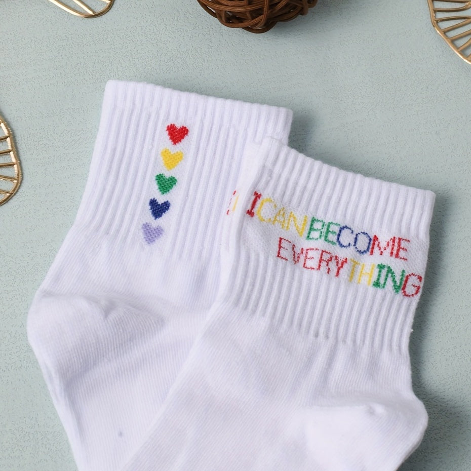 2 Pairs Letter & Heart Print Socks Breathable Mid Tube Women's Stockings