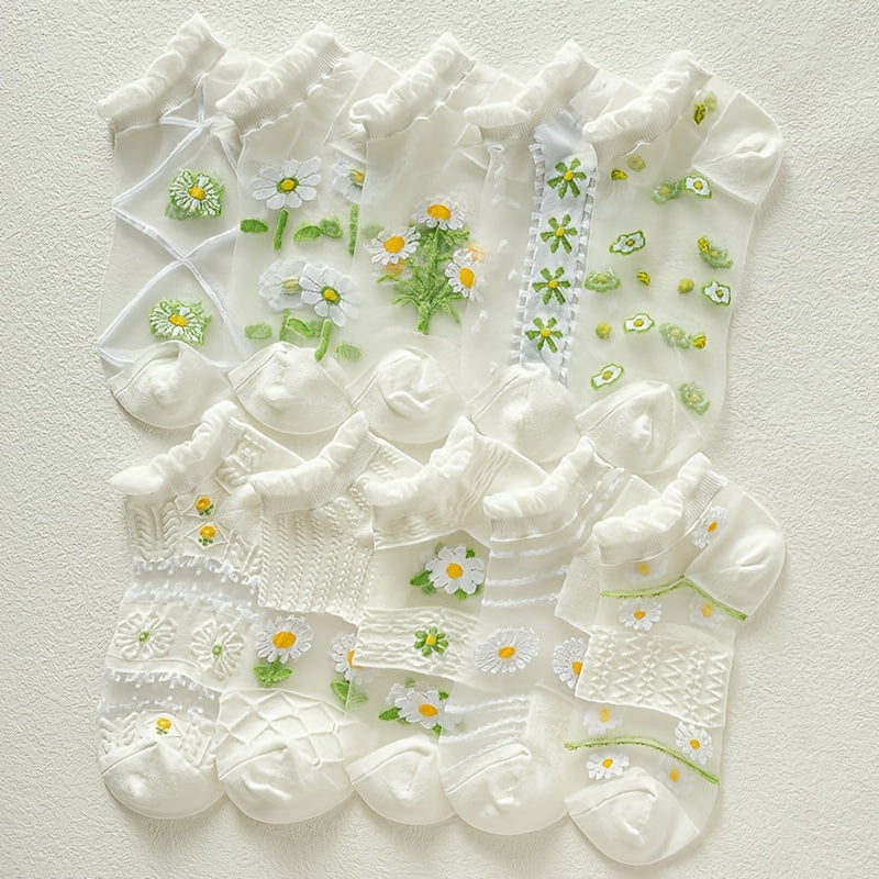 5 Pairs Floral Print Mesh Socks - Ruffle Ankle Stockings