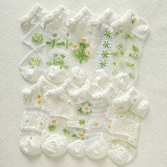 5 Pairs Floral Print Mesh Socks - Ruffle Ankle Stockings