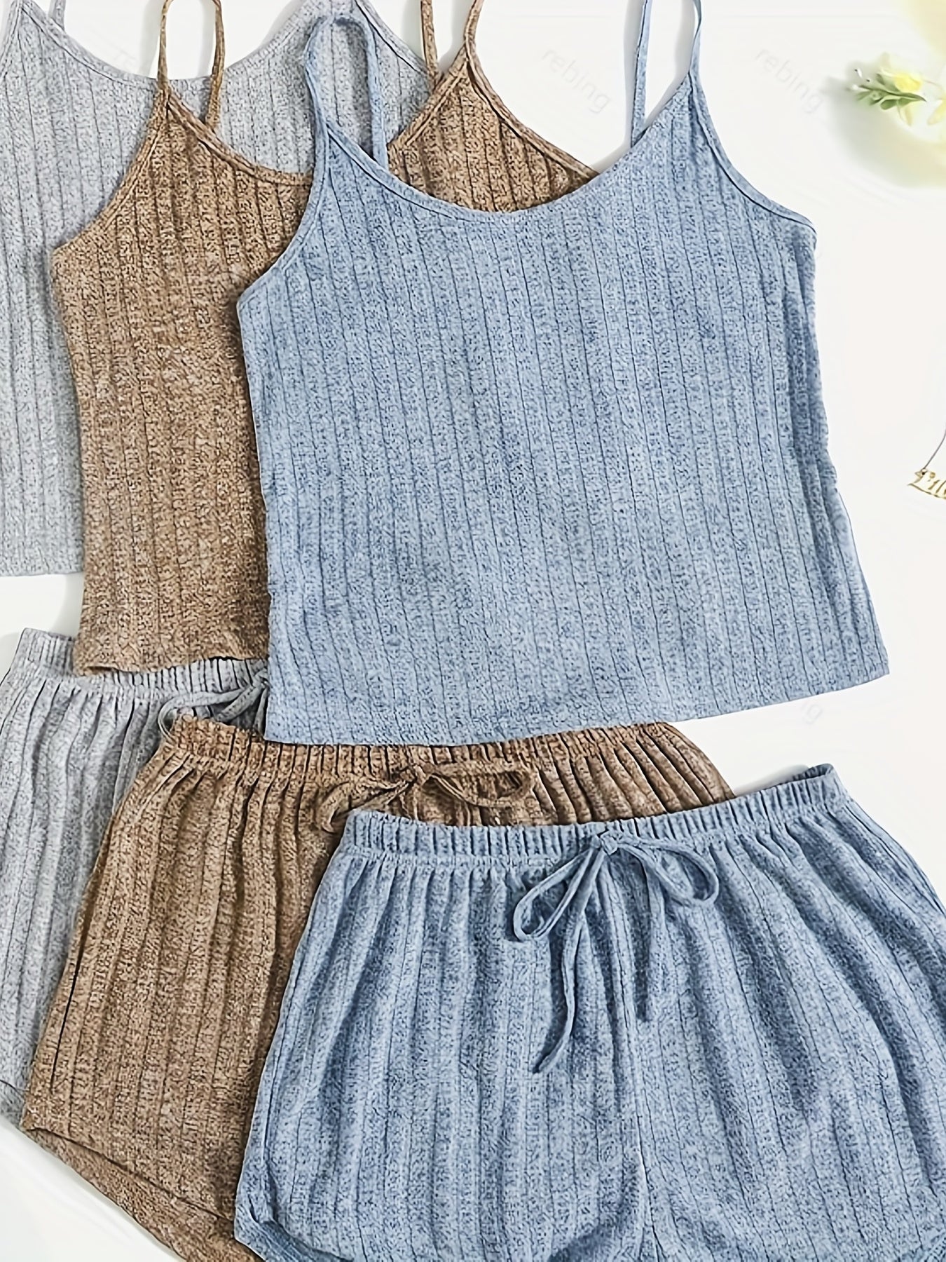 Ribbed Knit Cami Top & Tie Shorts Pajama Set