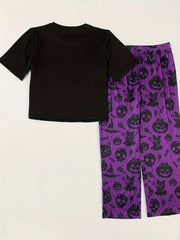 Halloween Gothic Pajama Set Women's Pumpkin & Ghost Print Tee & Pants