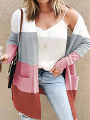 Colorblock Open Front Cardigan With Pockets