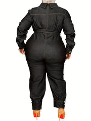 Denim Style Long Sleeve Belted Jumpsuit Women's Plus