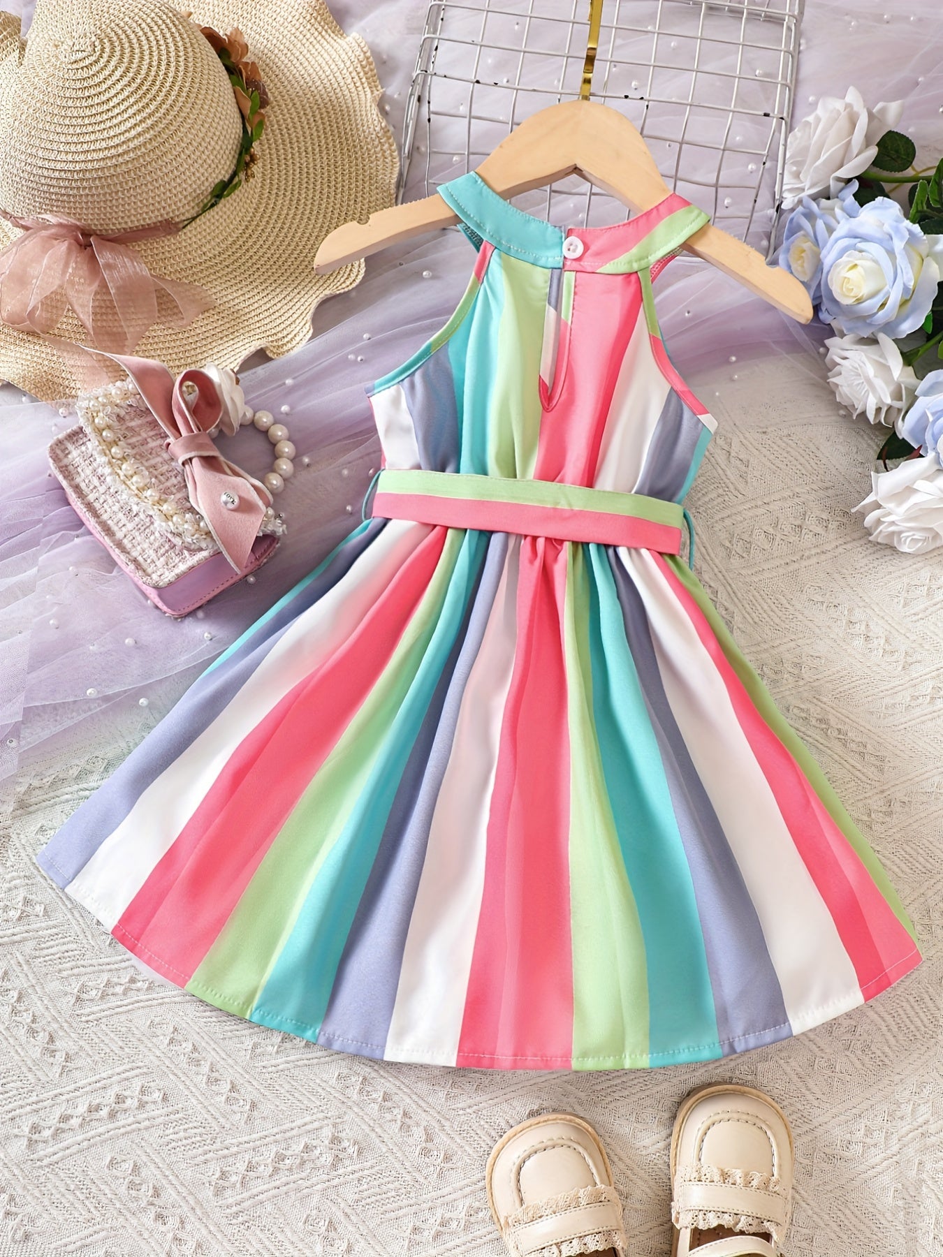 Toddler Girls Striped Halter Neck Princess Dress For Party Beach Vacation