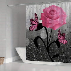 Romantic Pink Rose Butterfly Shower Curtain Set