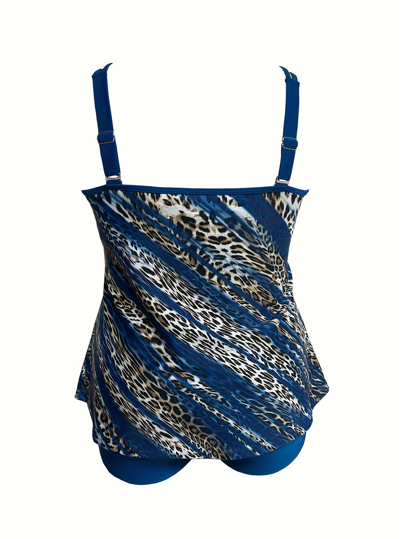 Leopard & Stripe Tankini Set Women's Round Neck Cami & Shorts Swimsuit