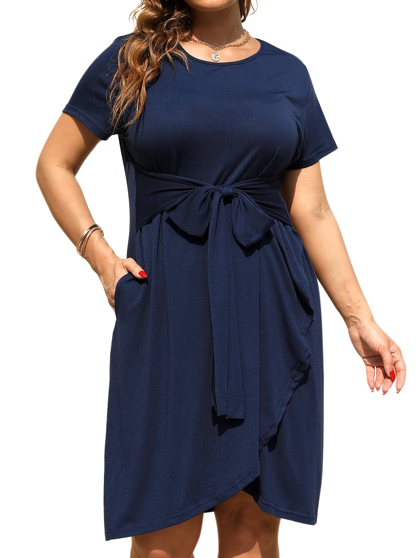 Short Sleeve Belted Dress With Pockets