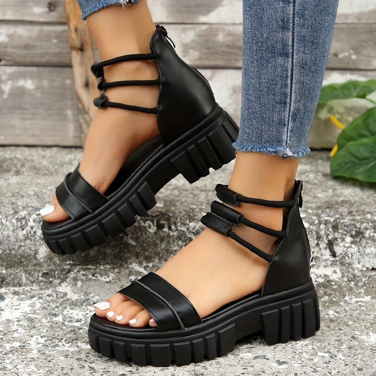 Women's Double Band Platform Sandals Roman Style Zipper Back