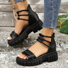 Women's Double Band Platform Sandals Roman Style Zipper Back
