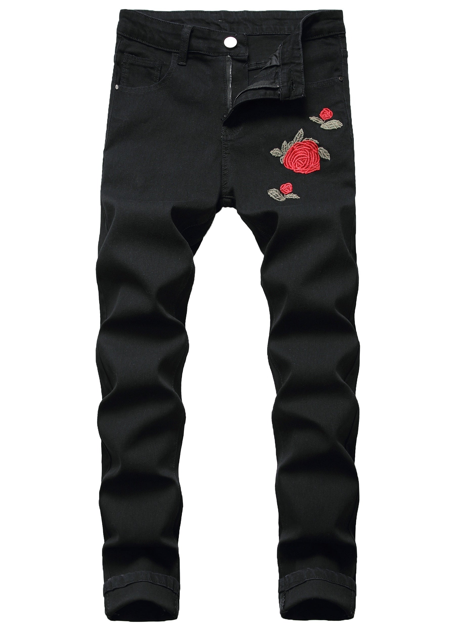 Men s Floral Embroidery Slim Fit Stretch Denim Jeans