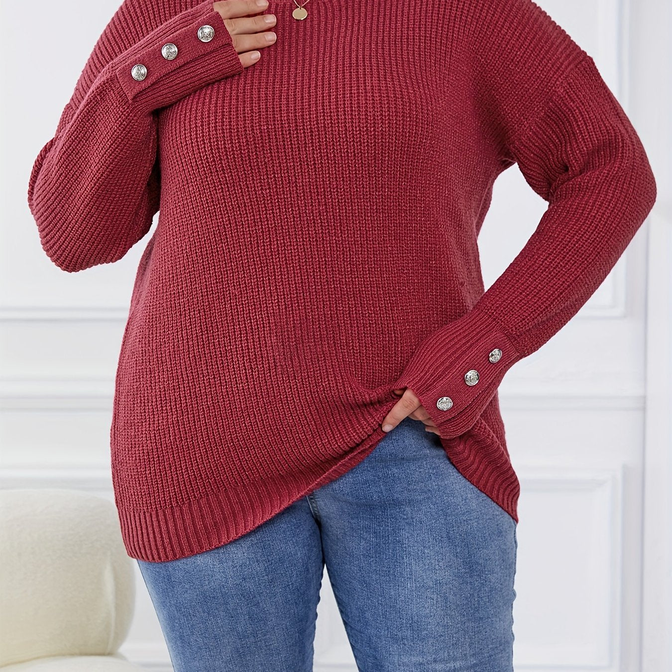 Casual Sweater Women's Button Long Sleeve Round Neck Jumper