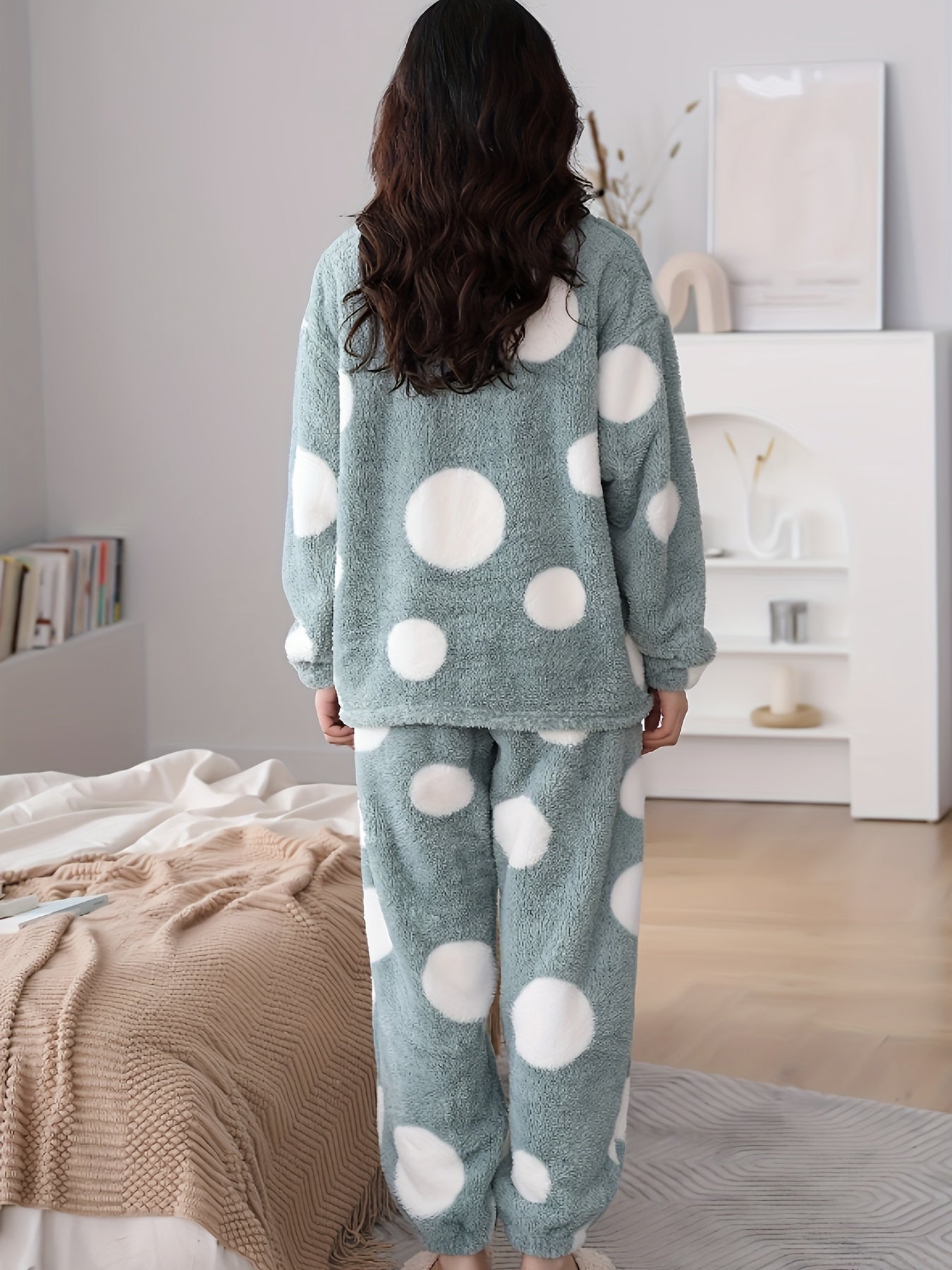 Polka Dot Fuzzy Pajama Set Long Sleeve Crew Neck Top & Elastic Waistband Pants
