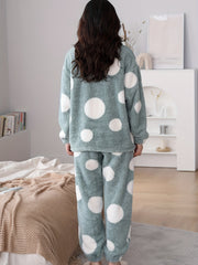 Polka Dot Fuzzy Pajama Set Long Sleeve Crew Neck Top & Elastic Waistband Pants