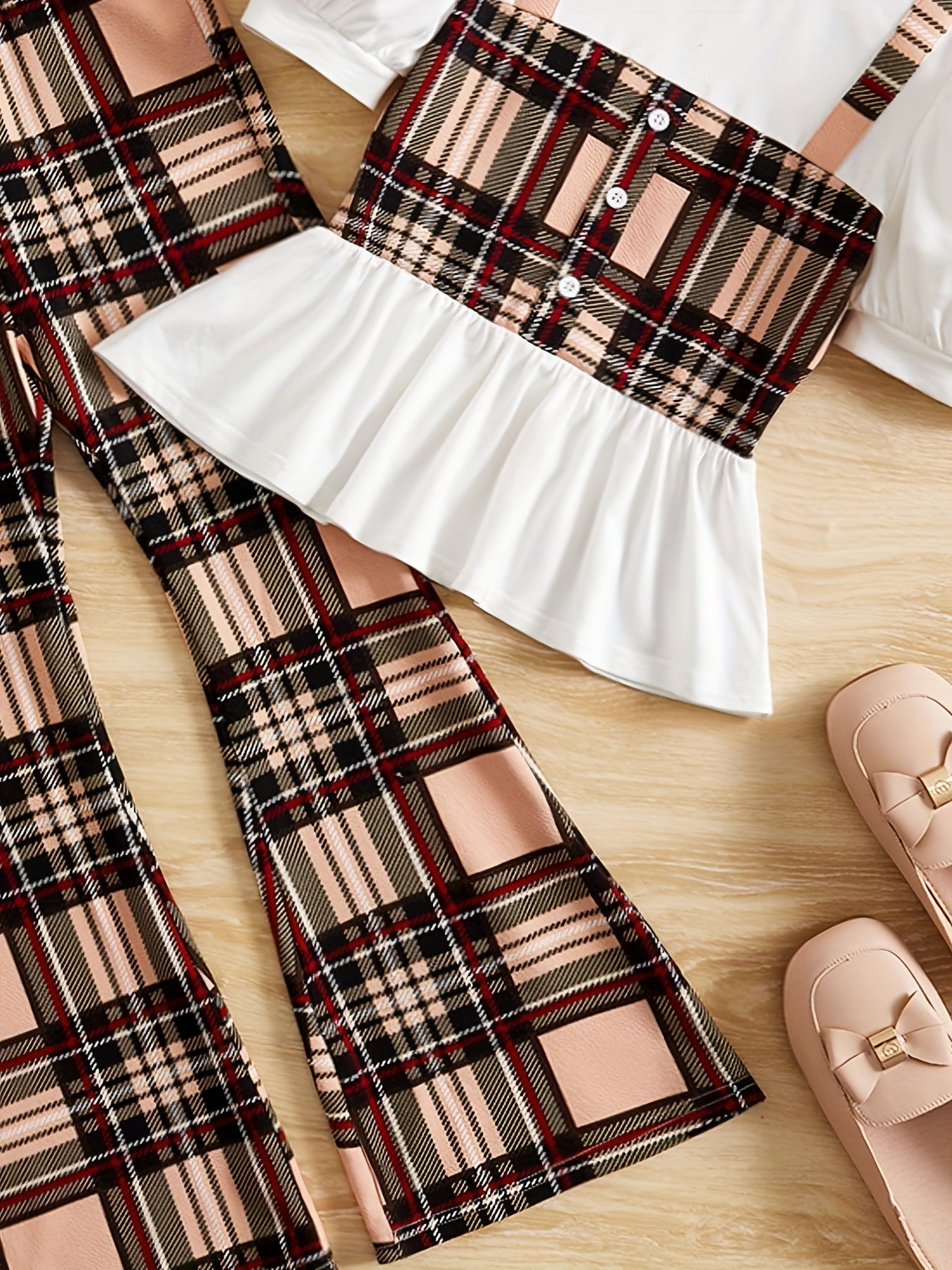 Girl's 2pc Puff Sleeve T-shirt & Flared Pants Set Plaid Pattern Outfit