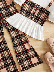 Girl's 2pc Puff Sleeve T-shirt & Flared Pants Set Plaid Pattern Outfit