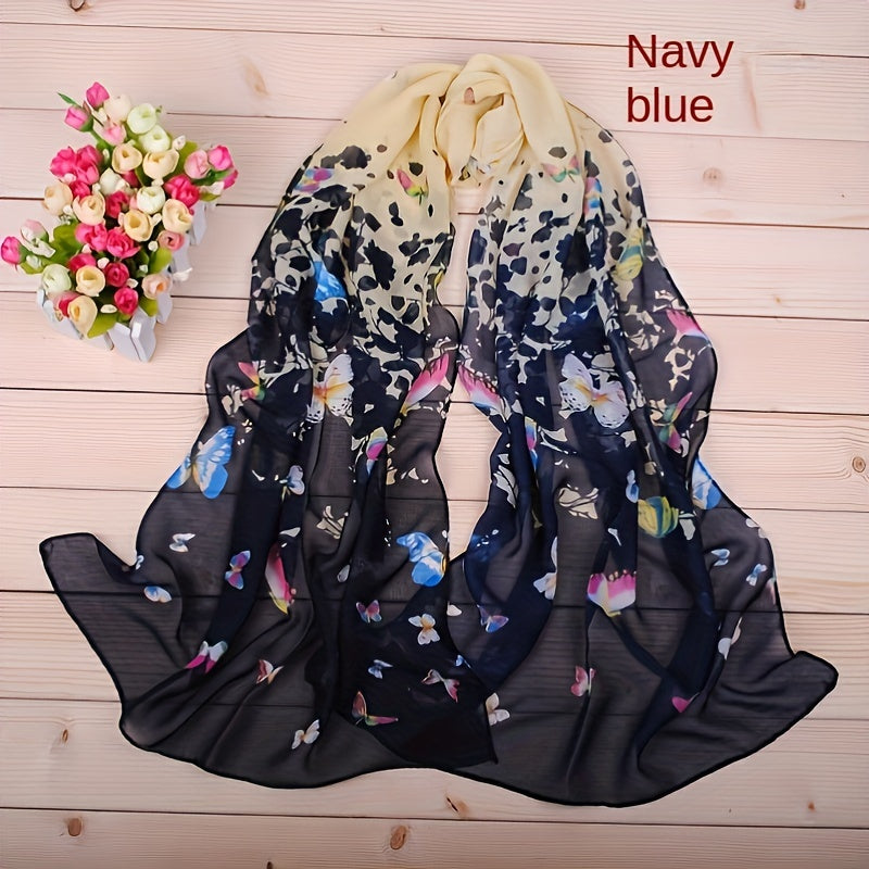 Colorful Butterfly Print Long Chiffon Silk Scarf for Women