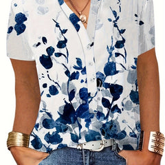 Women's Plus Floral Print Short Sleeve Button Up V Neck Blouse