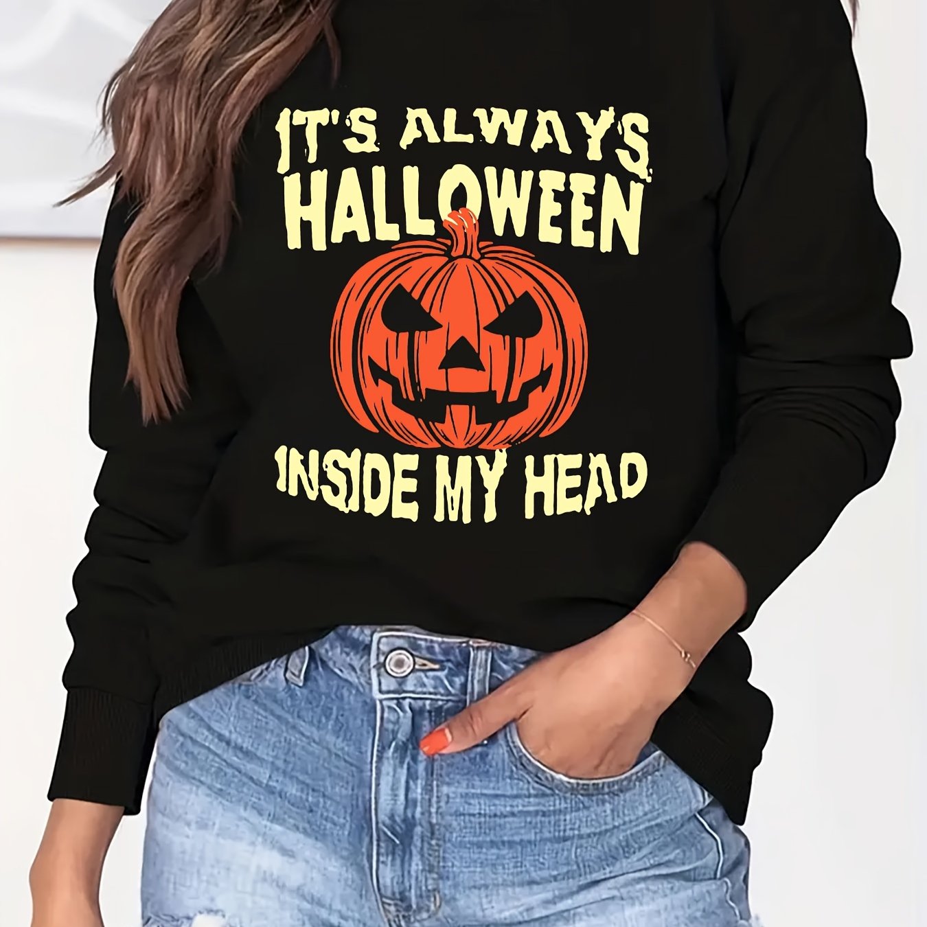 Halloween Jack O' Lantern Sweatshirt Crew Neck Long Sleeve Women's Clothing