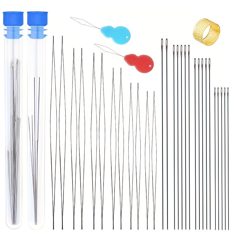 34pcs Set Bead Needles Curved/ Straight Needle Threader Ring for DIY Beading