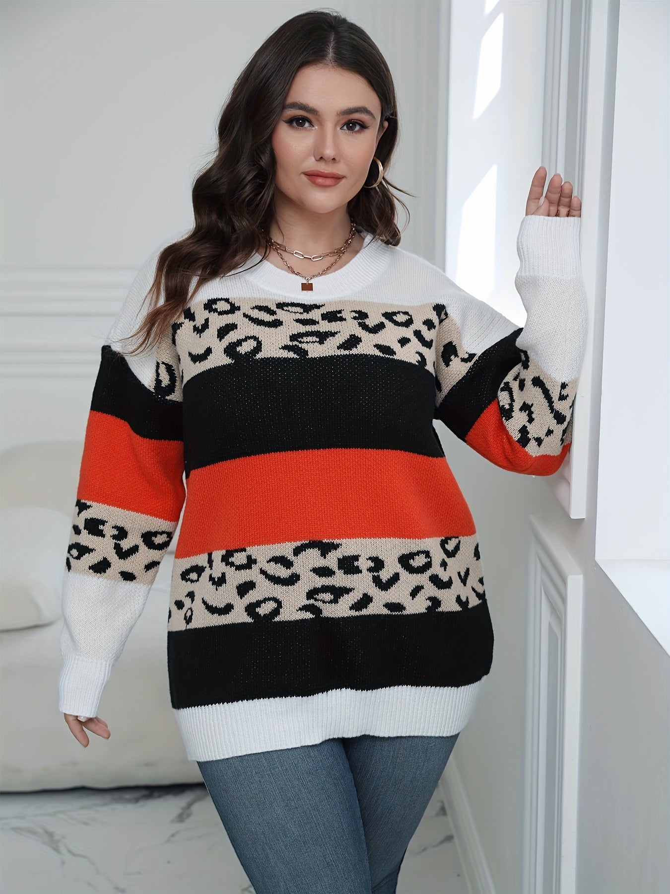 Colorblock Leopard Print Round Neck Jumper